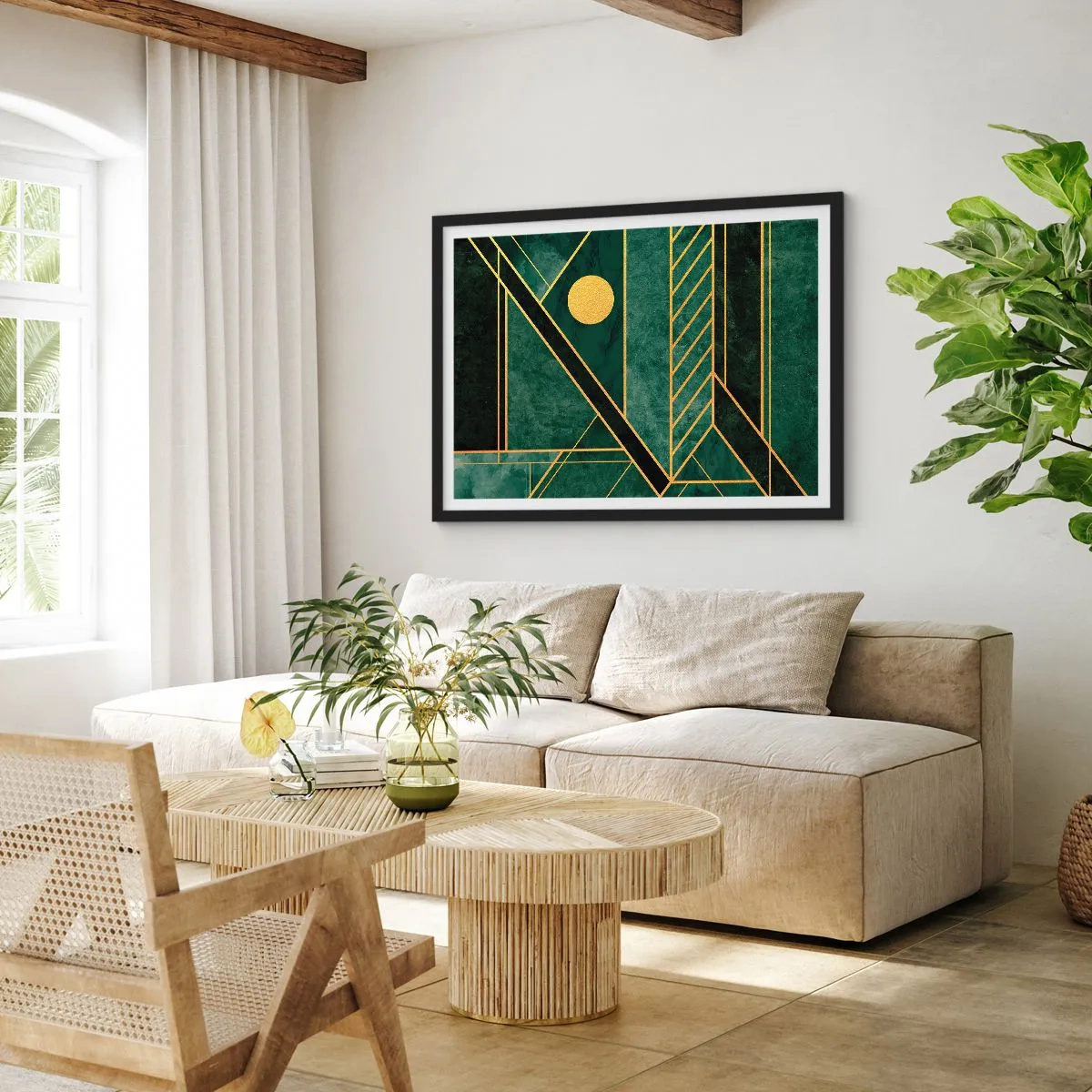 Poster in cornice nera - Design geometrico verde e oro con un motivo elegante - 70x50cm - Dinamica di oro e azzurro - Decorazione murale moderna per soggiorno e camera da letto ARTTOR