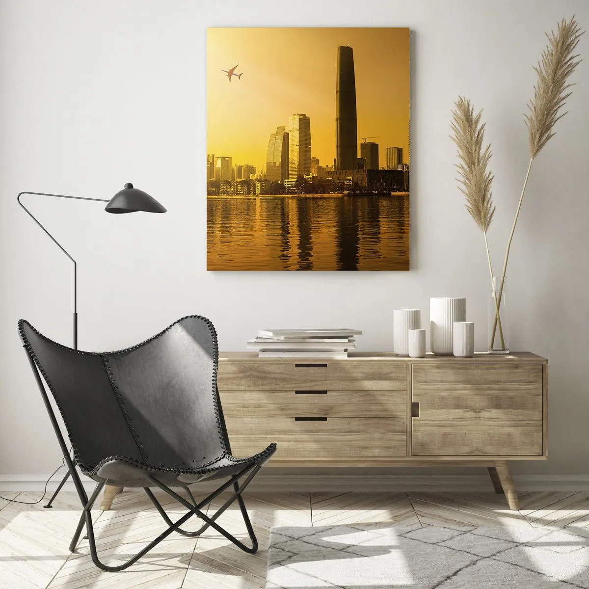 Quadro su vetro - Una città moderna con grattacieli al tramonto - 50x70cm - Città d'oro - Decorazione murale moderna per soggiorno e camera da letto ARTTOR