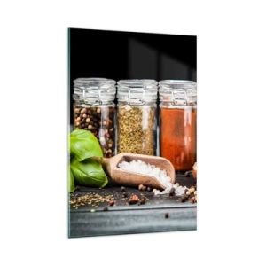 Quadro su vetro - Erbe e spezie in barattoli di vetro su sfondo scuro - 80x120cm - Perché la vita abbia sapore - Decorazione murale moderna per soggiorno e camera da letto ARTTOR