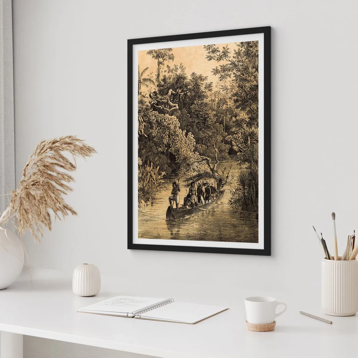 Poster in cornice nera - Un'incisione di una foresta tropicale e di una barca su un fiume - 50x70cm - Viaggio alla fonte - Decorazione murale moderna per soggiorno e camera da letto ARTTOR