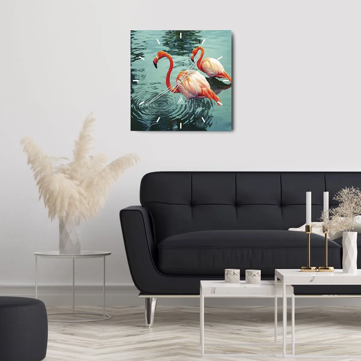 Orologio da parete - Orologio in Vetro - Due fenicotteri nell'acqua calma riflettono l'ambiente circostante - 30x30cm - Adesso siamo di moda - Decorazione murale moderna per soggiorno e camera da letto ARTTOR