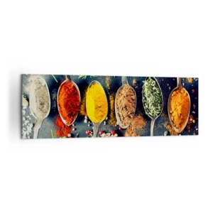 Quadro su tela - Stampe su Tela - Spezie colorate su cucchiai con erbe aromatiche sullo sfondo - 160x50cm - Magie gastronomiche - Decorazione murale moderna per soggiorno e camera da letto ARTTOR