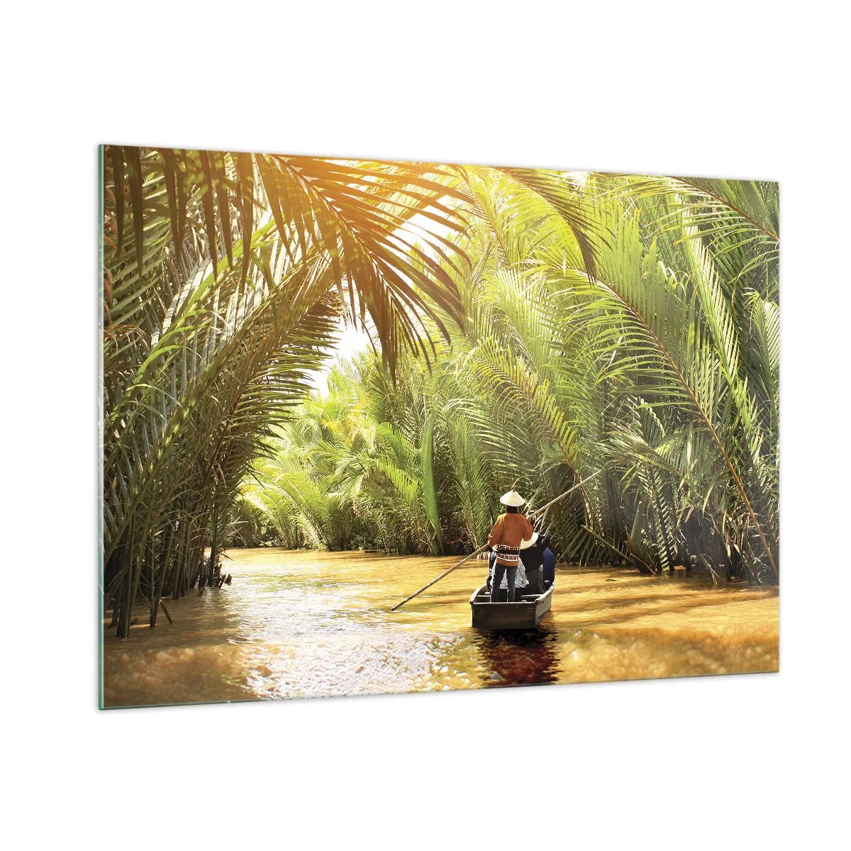 Quadro su vetro - Una barca con un uomo che la rema naviga attraverso una gola circondata da palme - 100x70cm - Tunnel di palme - Decorazione murale moderna per soggiorno e camera da letto ARTTOR