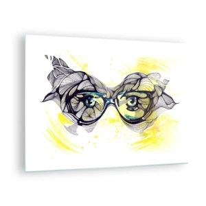 Quadro su vetro - Occhiali con motivi artistici e occhi su uno sfondo giallo - 70x50cm - Attraverso gli occhiali blu - Decorazione murale moderna per soggiorno e camera da letto ARTTOR