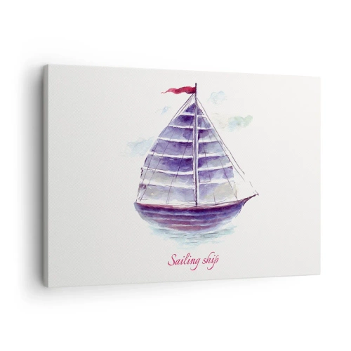 Quadro su tela - Stampe su Tela - Un dipinto ad acquerello di una barca a vela sull'acqua con una delicata iscrizione - 70x50cm - Gonfie vele e mare calmo - Decorazione murale moderna per soggiorno e camera da letto ARTTOR