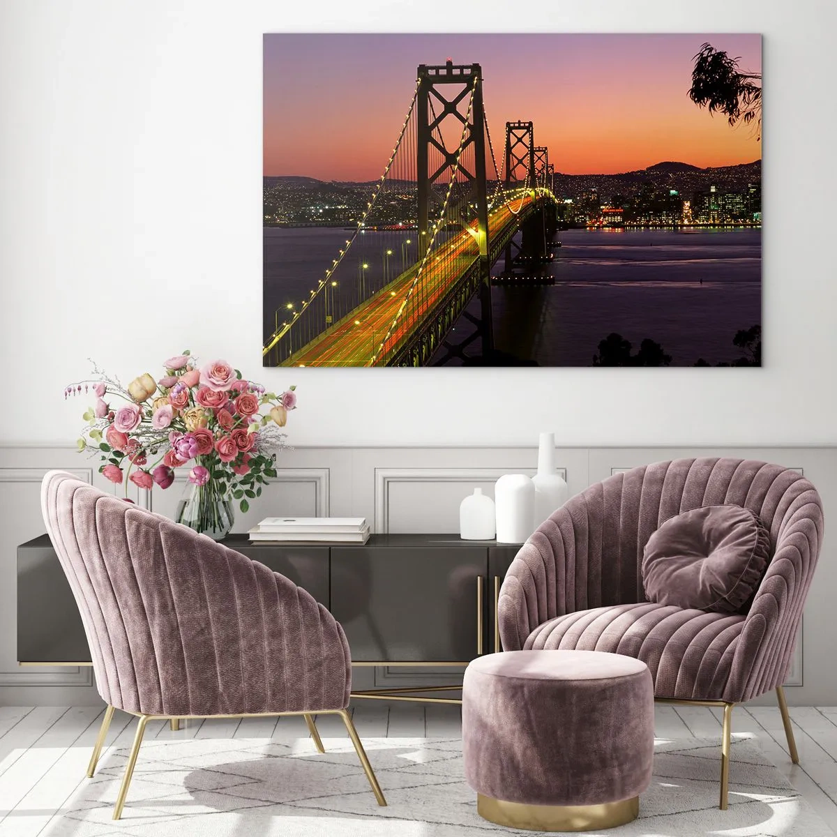 Quadro su vetro - Il ponte di notte in città e la luce del tramonto - 120x80cm - Serata in viola - Decorazione murale moderna per soggiorno e camera da letto ARTTOR