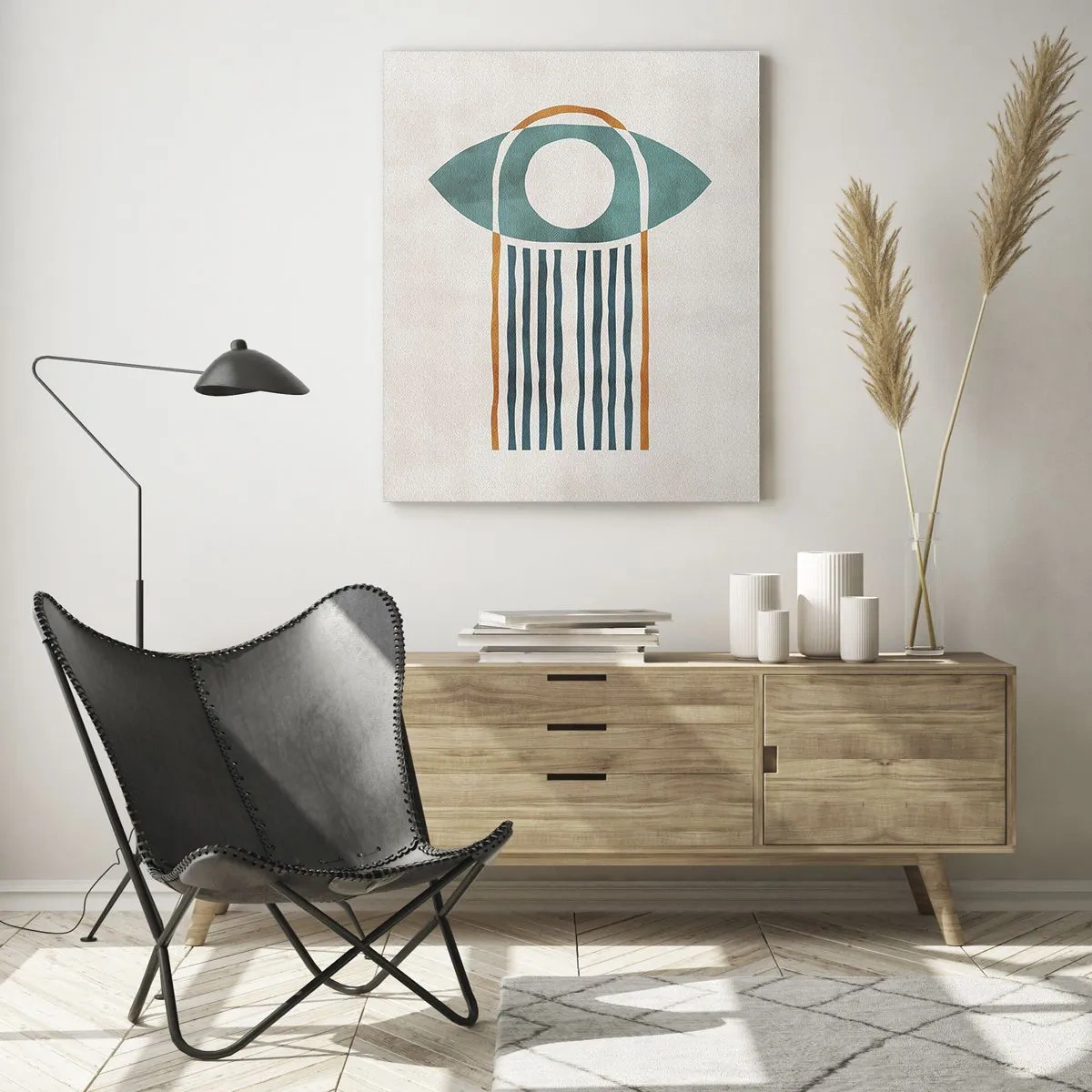 Quadro su vetro - Forma geometrica con un cerchio e linee nelle tonalità del verde e del rosso. - 50x70cm - Segni e rituali - Decorazione murale moderna per soggiorno e camera da letto ARTTOR