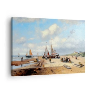 Quadro su tela - Stampe su Tela - Barche da pesca sulla spiaggia con figure umane - 70x50cm - Dopo una buona pesca - Decorazione murale moderna per soggiorno e camera da letto ARTTOR