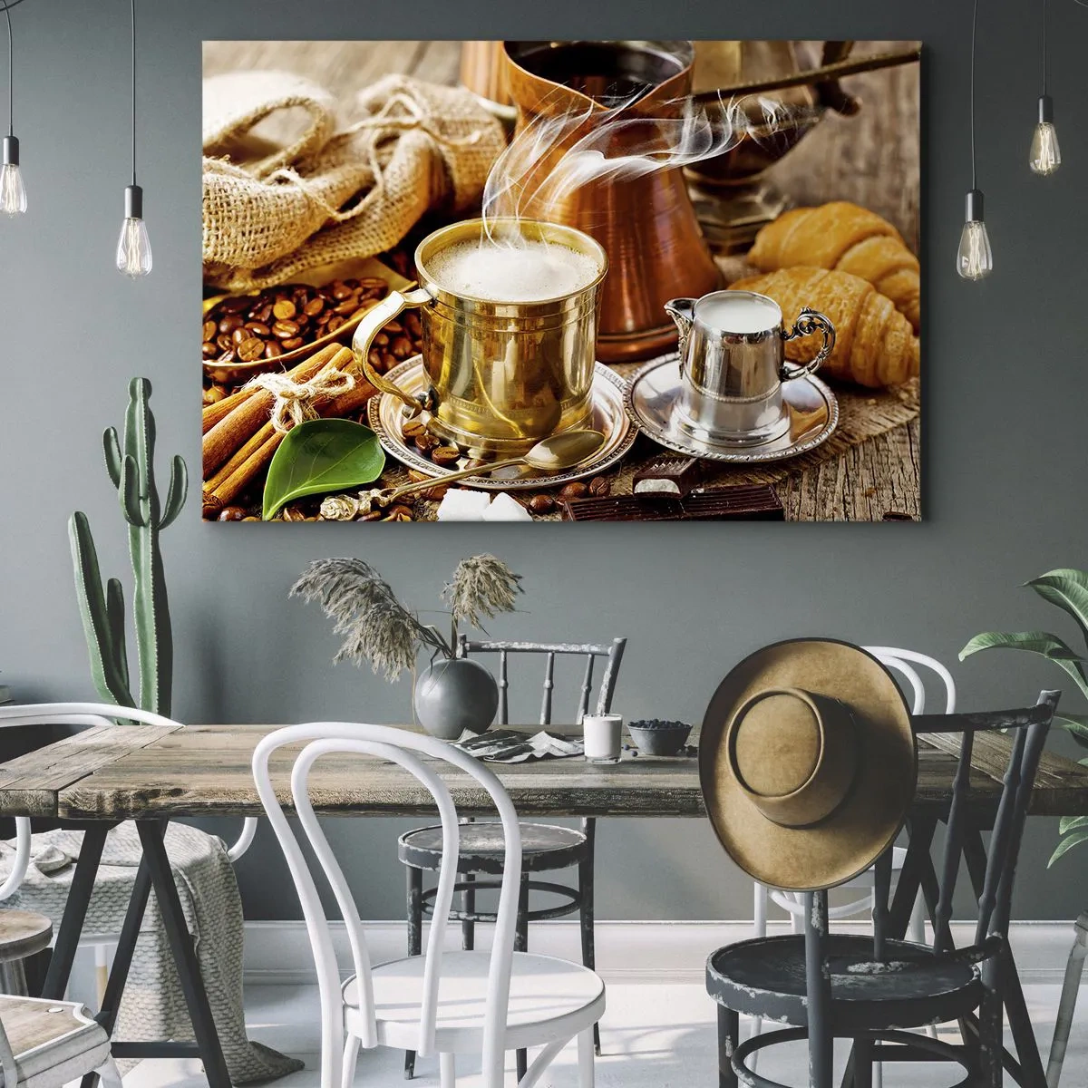 Quadro su tela - Stampe su Tela - Una tazza di caffè dorata circondata da chicchi, brocche e croissant - 100x70cm - Buona giornata! - Decorazione murale moderna per soggiorno e camera da letto ARTTOR