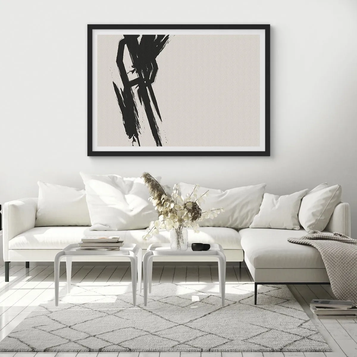 Poster in cornice nera - Pennellate dinamiche in nero su sfondo chiaro - 100x70cm - Corsa sfrenata - Decorazione murale moderna per soggiorno e camera da letto ARTTOR