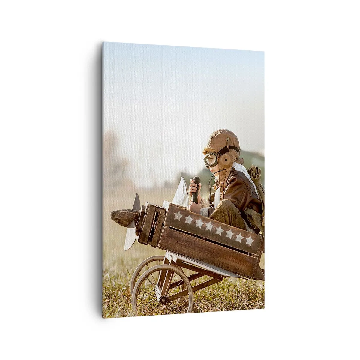 Quadro su tela - Stampe su Tela - Un bambino su un aeroplanino giocattolo con un campo sullo sfondo - 80x120cm - Decollo verso i sogni - Decorazione murale moderna per soggiorno e camera da letto ARTTOR