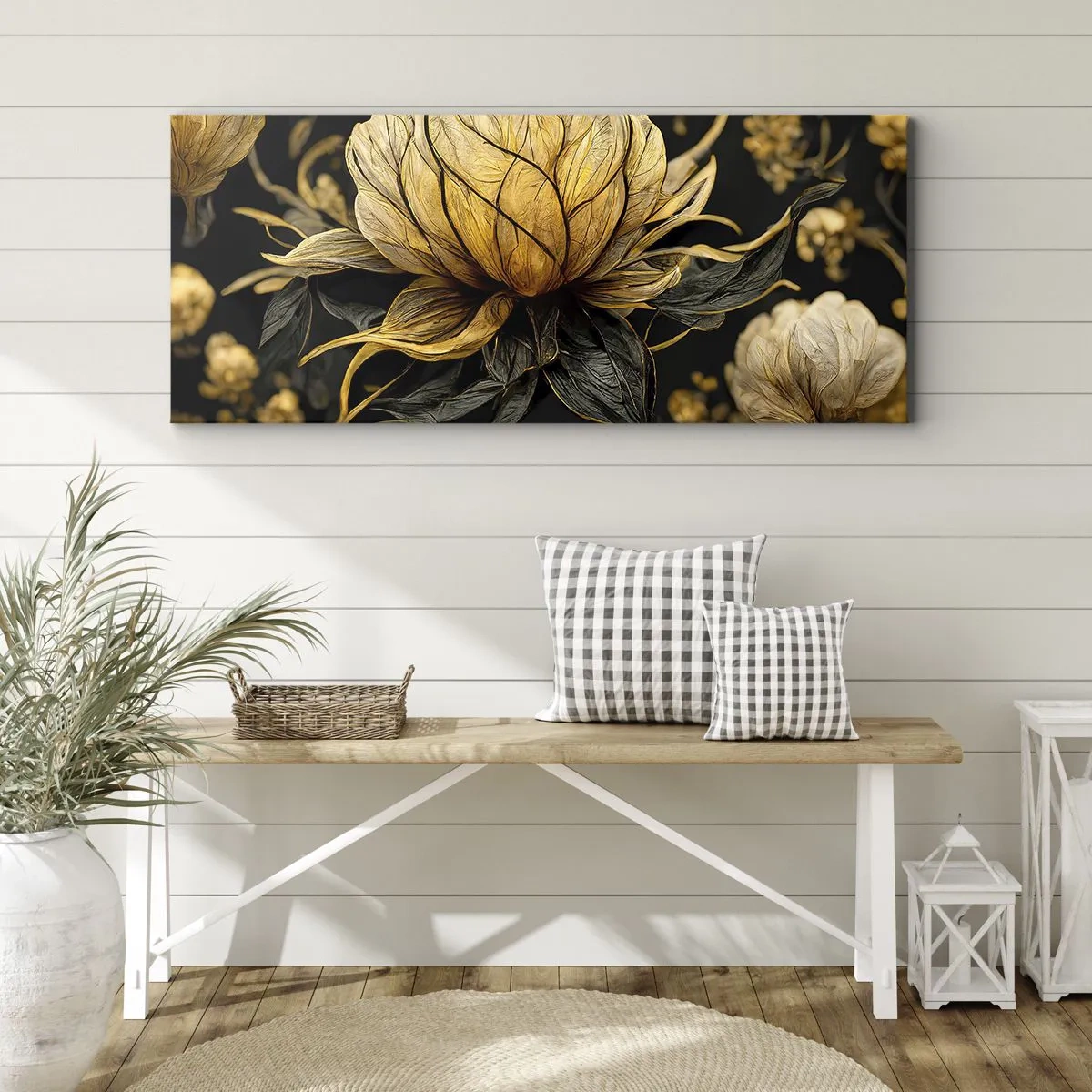 Quadro su tela - Stampe su Tela - Fiore dorato su sfondo scuro - 120x50cm - Delicata fragilità - Decorazione murale moderna per soggiorno e camera da letto ARTTOR