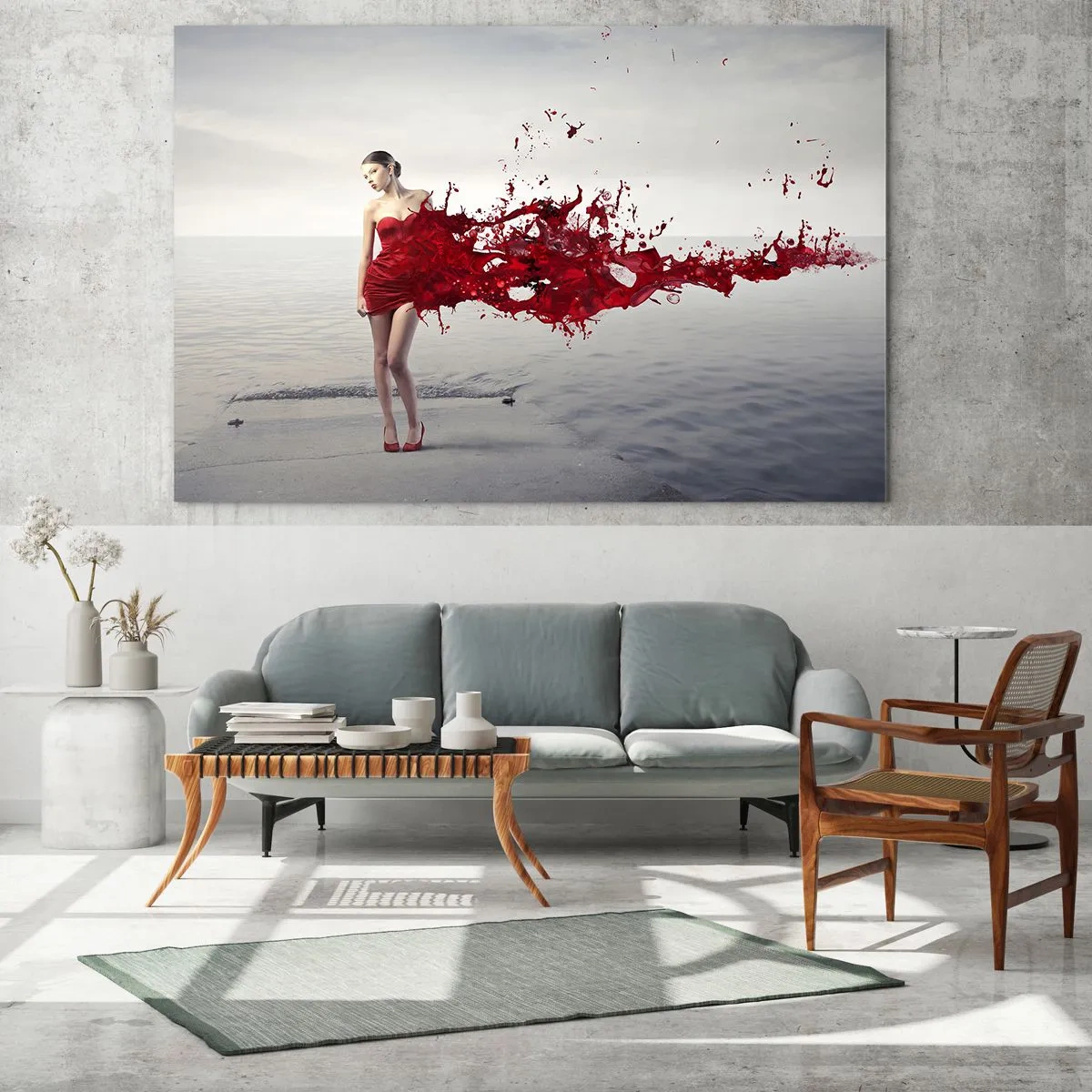 Quadro su vetro - La figura di una donna in abito rosso sullo sfondo del mare - 120x80cm - Appassionata come lo scarlatto - Decorazione murale moderna per soggiorno e camera da letto ARTTOR