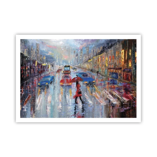 Poster - Una donna con un ombrello in una strada piovosa, illuminata dalle luci al neon. - 100x70cm - Pomeriggio di pioggia in città - Decorazione murale moderna per soggiorno e camera da letto ARTTOR
