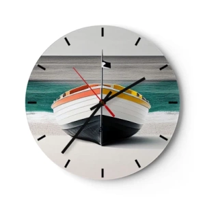 Orologio da parete - Orologio in Vetro - Barca da pesca colorata su una spiaggia sabbiosa - 30x30cm - Al suo posto - Decorazione murale moderna per soggiorno, cucina e camera da letto ARTTOR