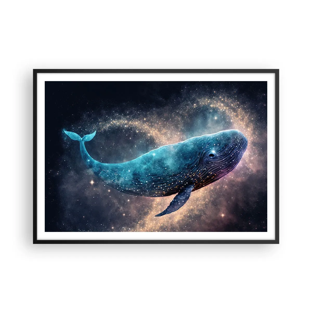 Poster in cornice nera - Una balena spaziale con una galassia sullo sfondo - 100x70cm - Esiste un mondo... - Decorazione murale moderna per soggiorno e camera da letto ARTTOR