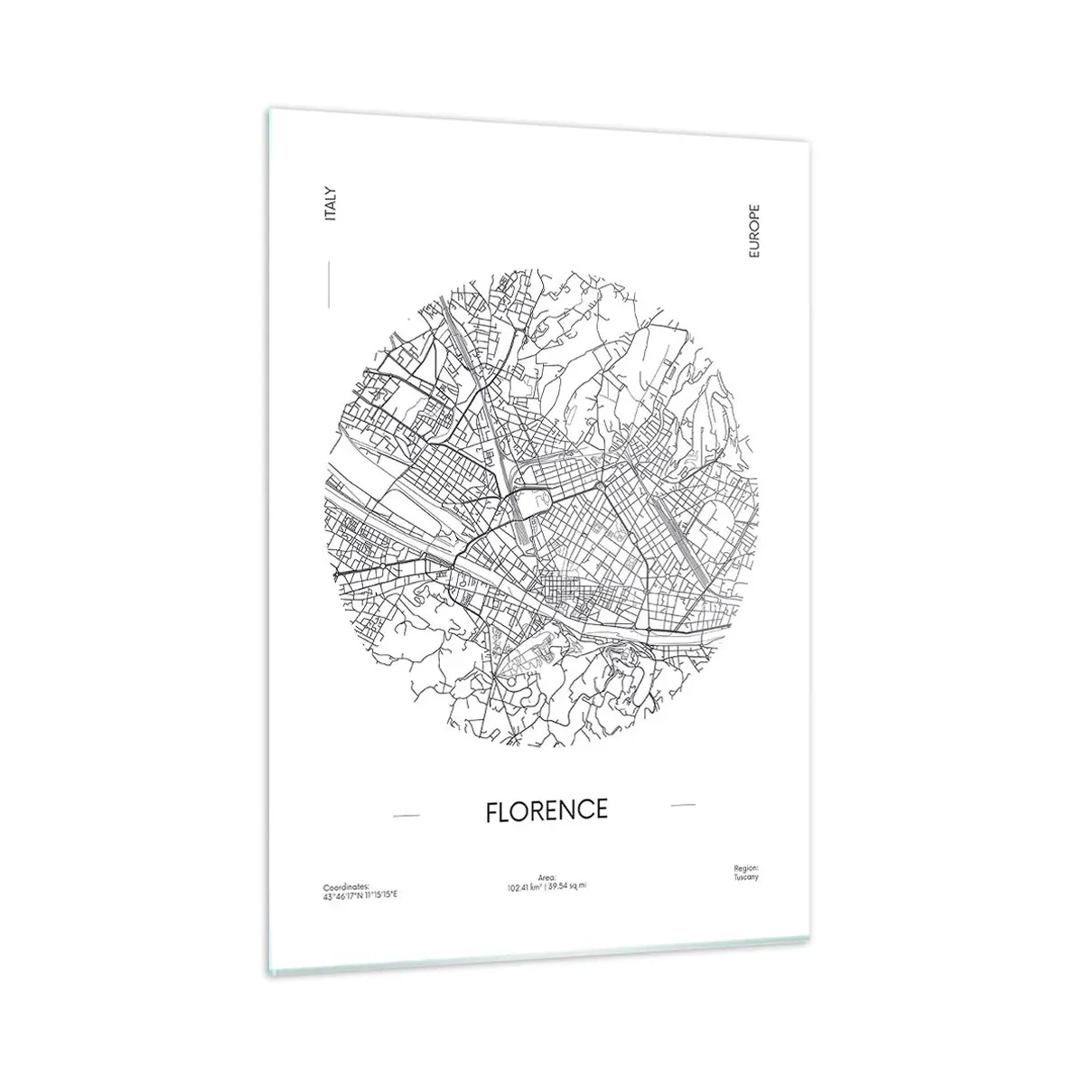 Quadro su vetro - Firenze sotto forma di mappa stilizzata con una rete di strade - 50x70cm - Anatomia di Firenze - Decorazione murale moderna per soggiorno e camera da letto ARTTOR