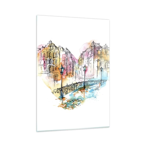 Quadro su vetro - Romantiche case popolari con un ponte a forma di cuore, acquerello - 50x70cm - Il cuore della città - Decorazione murale moderna per soggiorno e camera da letto ARTTOR