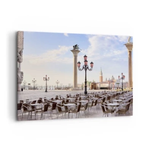 Quadro su tela - Stampe su Tela - Venezia, veduta della piazza con colonne e tavolini dei caffè - 100x70cm - Venite a tavola - Decorazione murale moderna per soggiorno e camera da letto ARTTOR