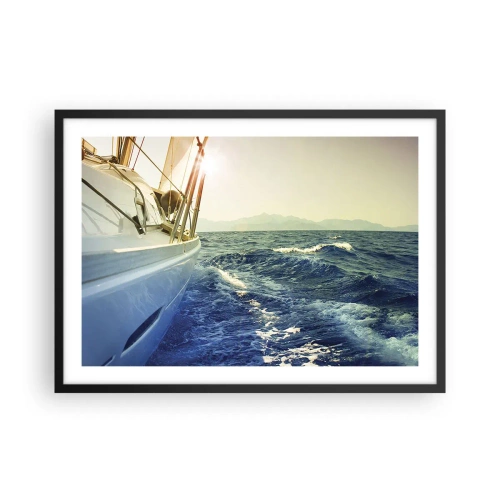 Poster in cornice nera - Uno yacht in mare aperto con vista sulle onde - 70x50cm - Verso l'avventura - Decorazione murale moderna per soggiorno e camera da letto ARTTOR