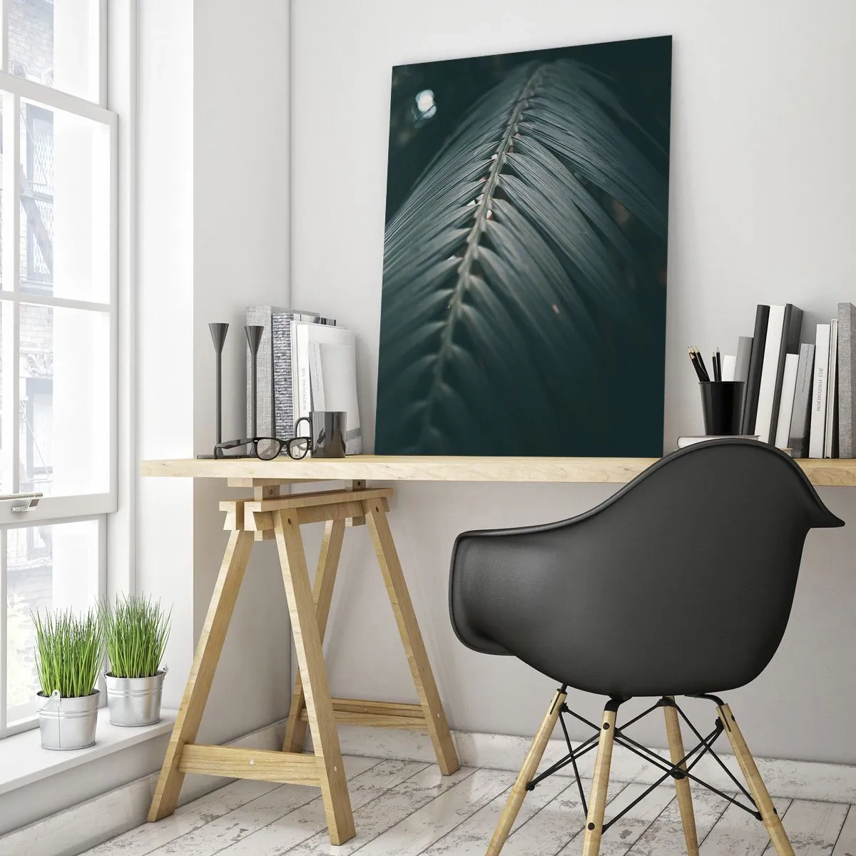 Quadro su vetro - Primo piano di una foglia di palma verde scuro con riflesso di luce - 50x70cm - La precisione della natura - Decorazione murale moderna per soggiorno e camera da letto ARTTOR