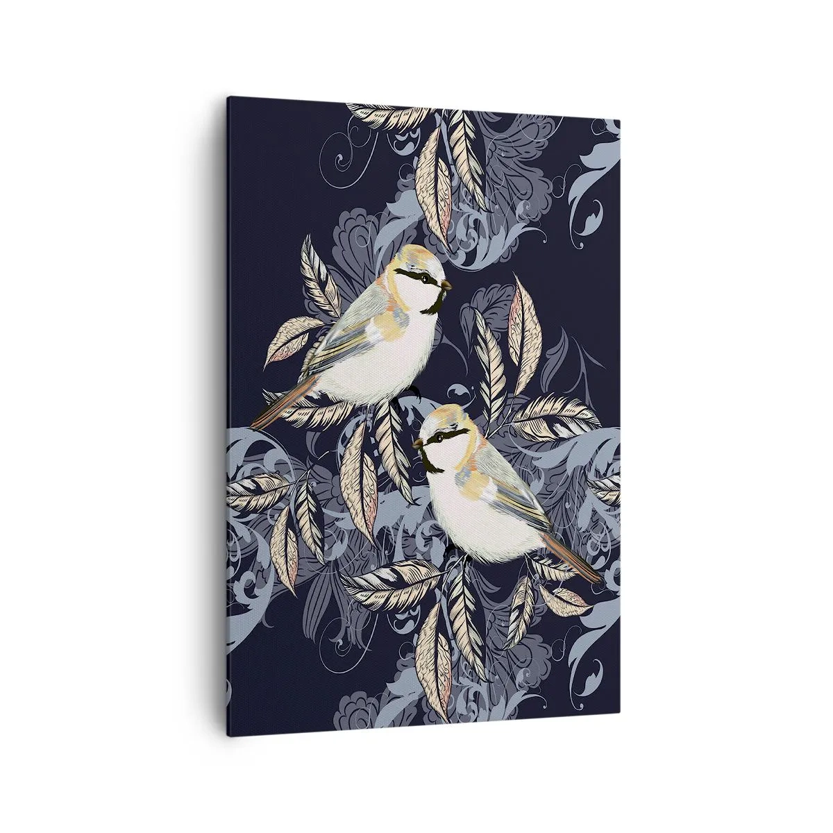 Quadro su tela - Stampe su Tela - Uccelli sui rami in uno sfondo ornamentale - 70x100cm - Cinguettio oro e blu - Decorazione murale moderna per soggiorno e camera da letto ARTTOR