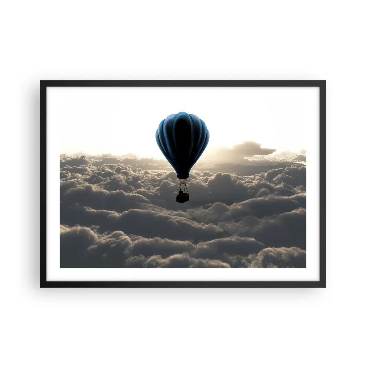 Poster in cornice nera - Una mongolfiera contro un cielo con nuvole al tramonto - 70x50cm - Viaggiatore sopra le nuvole - Decorazione murale moderna per soggiorno e camera da letto ARTTOR