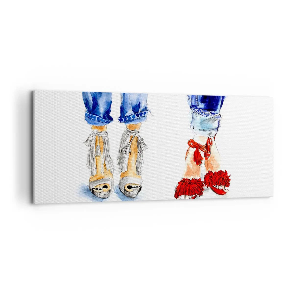 Quadro su tela - Stampe su Tela - Illustrazione di due paia di scarpe con sandali eleganti e jeans - 120x50cm - Facciamo una passeggiata? - Decorazione murale moderna per soggiorno e camera da letto ARTTOR
