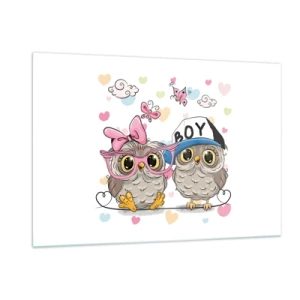 Quadro su vetro - Una coppia di allegri gufi in una composizione pastello - 120x80cm - Amiamoci! - Decorazione murale moderna per soggiorno e camera da letto ARTTOR