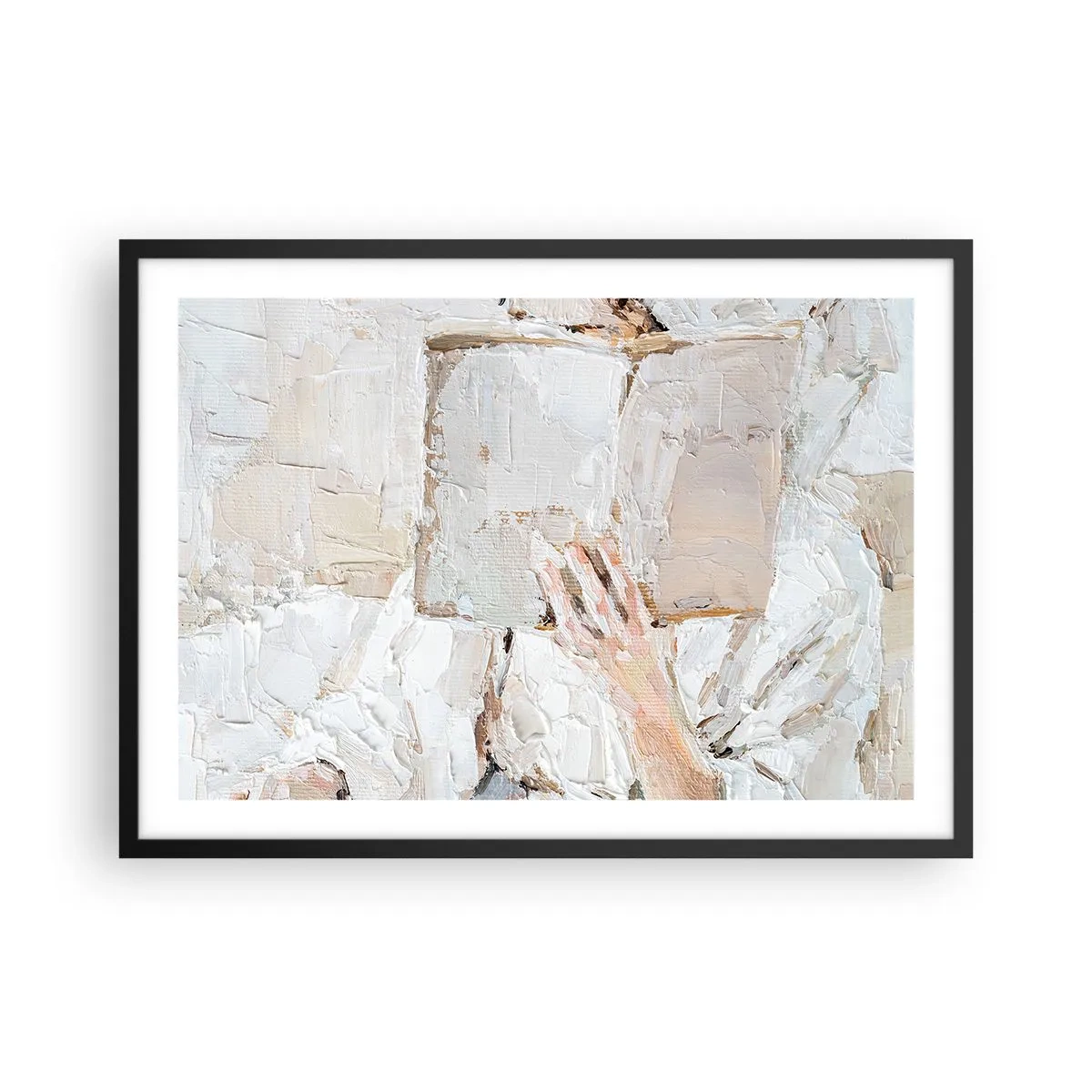 Poster in cornice nera - Dipinto impressionista raffigurante una mano che tiene un libro aperto. - 70x50cm - In un altro mondo - Decorazione murale moderna per soggiorno e camera da letto ARTTOR