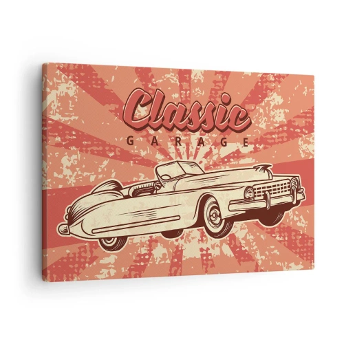 Quadro su tela - Stampe su Tela - Poster retrò con un'auto d'epoca e la scritta Classic Garage - 70x50cm - E alla radio Elvis - Decorazione murale moderna per soggiorno e camera da letto ARTTOR