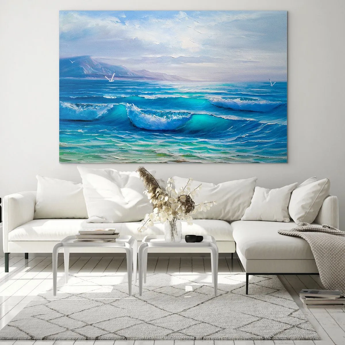 Quadro su vetro - Onde blu del mare che lambiscono la riva in una giornata di sole - 70x50cm - Porta sollievo - Decorazione murale moderna per soggiorno e camera da letto ARTTOR