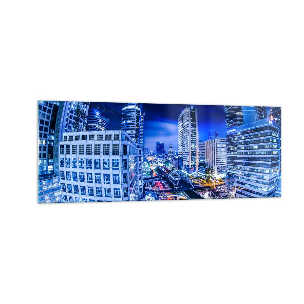 Quadro su vetro - Panorama notturno della città con grattacieli e lampioni - 140x50cm - Il ritmo notturno della città - Decorazione murale moderna per soggiorno e camera da letto ARTTOR