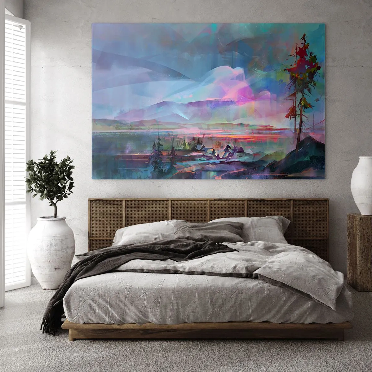 Quadro su vetro - Un paesaggio colorato con montagne e cottage in stile surreale. - 120x80cm - Sotto un cielo benevolo - Decorazione murale moderna per soggiorno e camera da letto ARTTOR