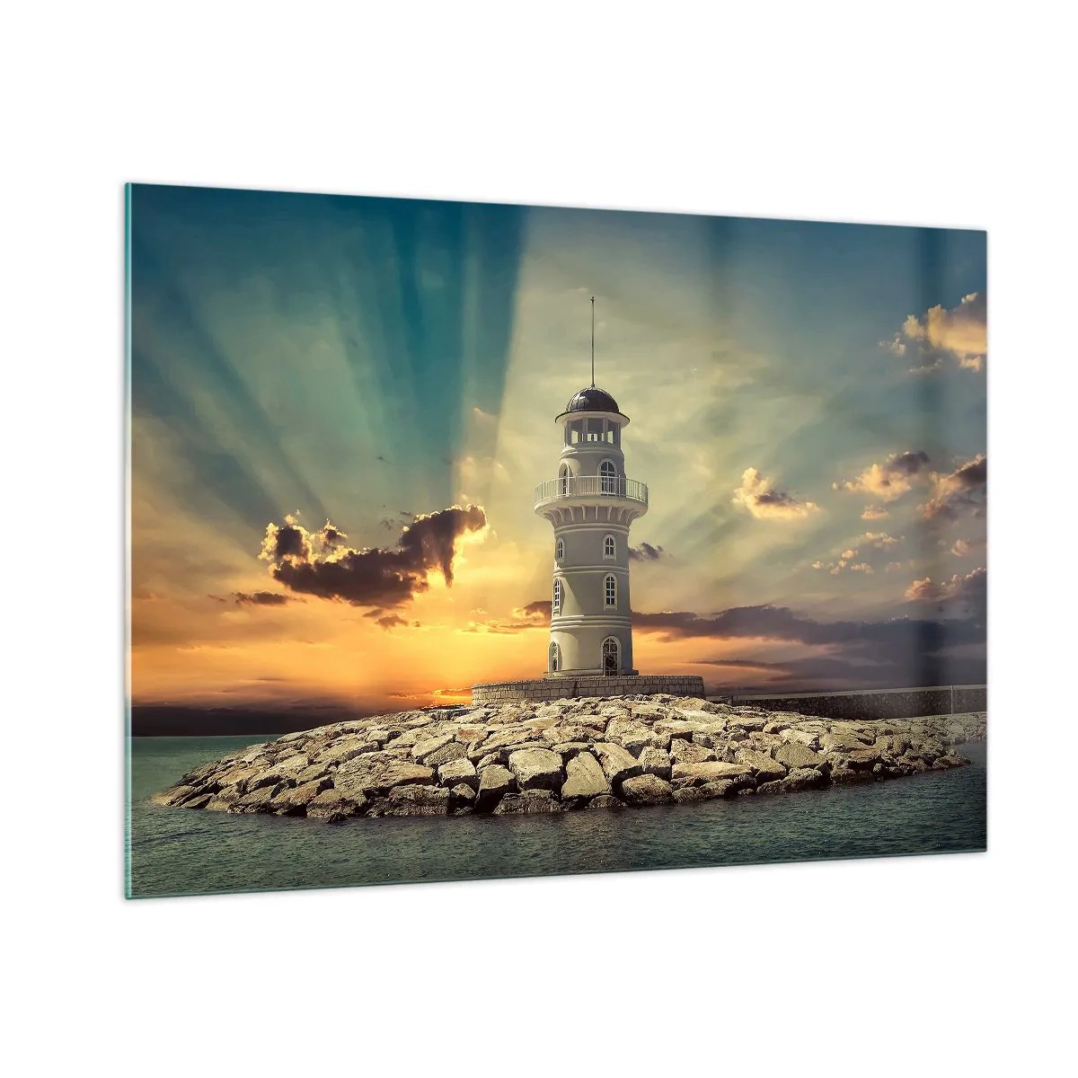 Quadro su vetro - Un faro sullo sfondo del sole al tramonto - 100x70cm - Luce - Bontà - Bellezza - Decorazione murale moderna per soggiorno e camera da letto ARTTOR