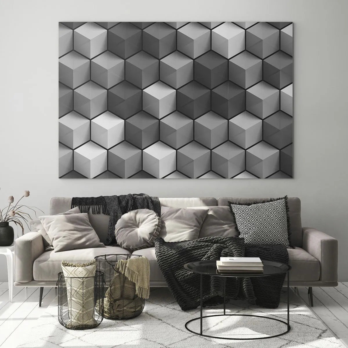 Quadro su vetro - Cubi geometrici in tonalità di grigio - 100x70cm - Puzzle cubista - Decorazione murale moderna per soggiorno e camera da letto ARTTOR