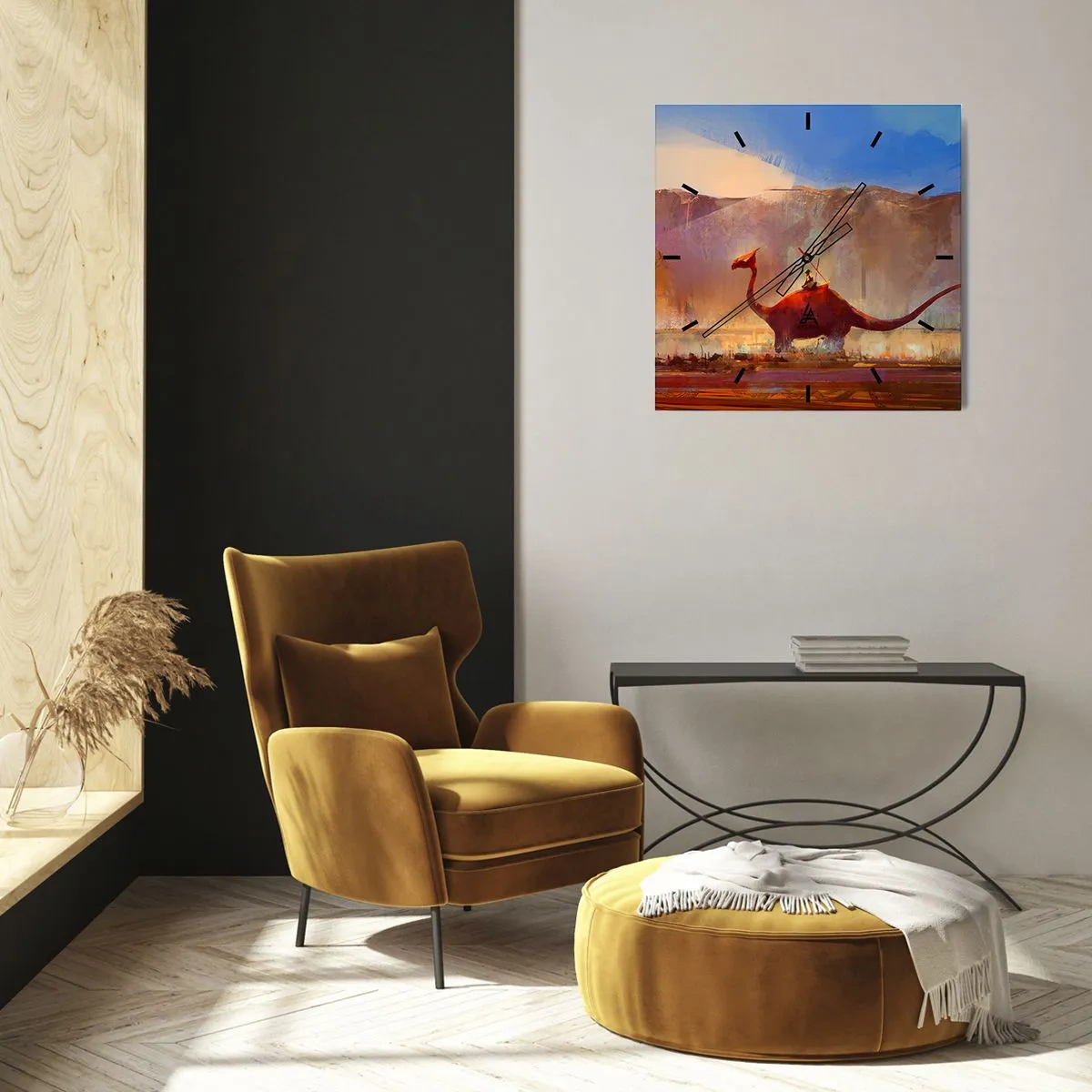Orologio da parete - Orologio in Vetro - Una scena fantasy con un cavaliere su una creatura preistorica - 30x30cm - Se non si fossero estinti - Decorazione murale moderna per soggiorno e camera da letto ARTTOR