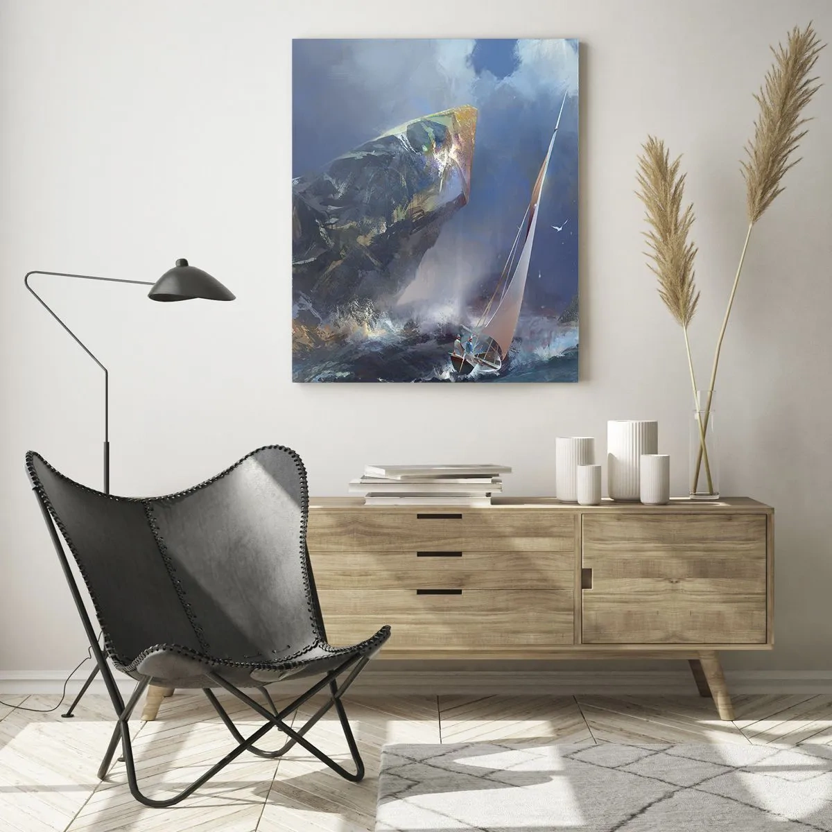 Quadro su vetro - Una barca a vela in tempesta ai piedi di una roccia enorme - 80x120cm - Vince chi ha coraggio - Decorazione murale moderna per soggiorno e camera da letto ARTTOR