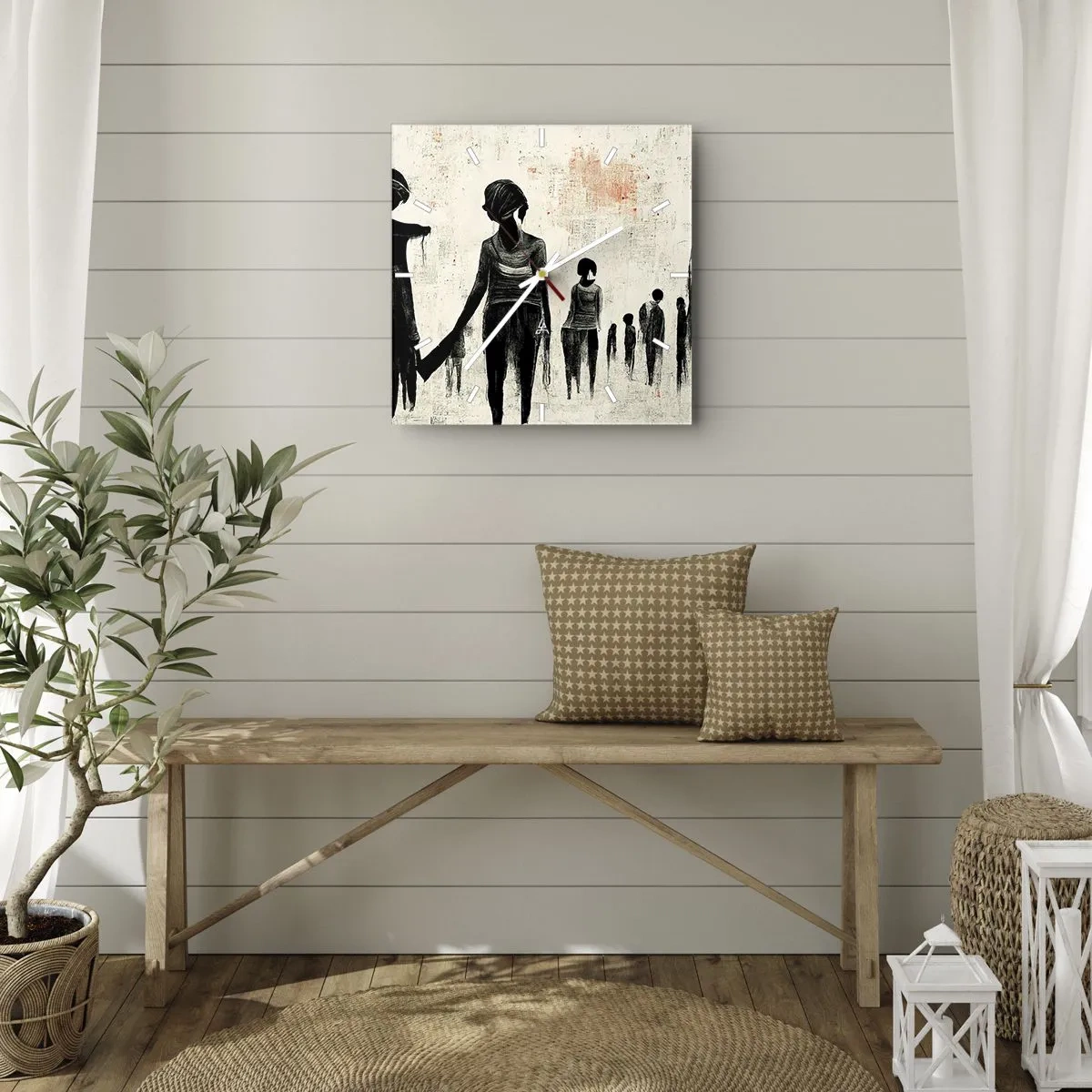 Orologio da parete - Orologio in Vetro - Figure in una composizione monocromatica su uno sfondo chiaro - 30x30cm - Contro la solitudine - Decorazione murale moderna per soggiorno e camera da letto ARTTOR