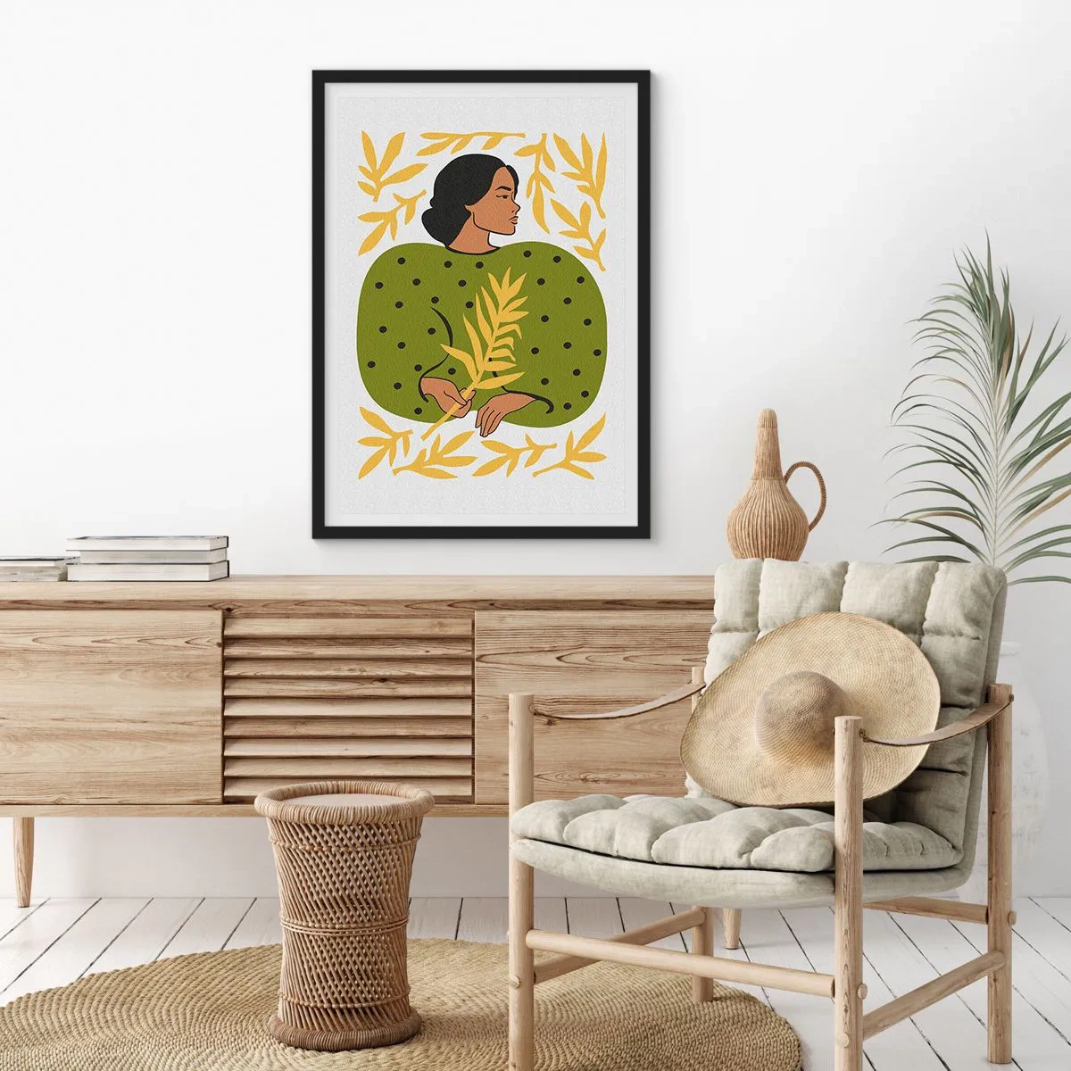 Poster in cornice nera - Ritratto di una donna in un abito verde con una foglia gialla, con un motivo delicato - 50x70cm - Ragazza hawaiana - Decorazione murale moderna per soggiorno e camera da letto ARTTOR