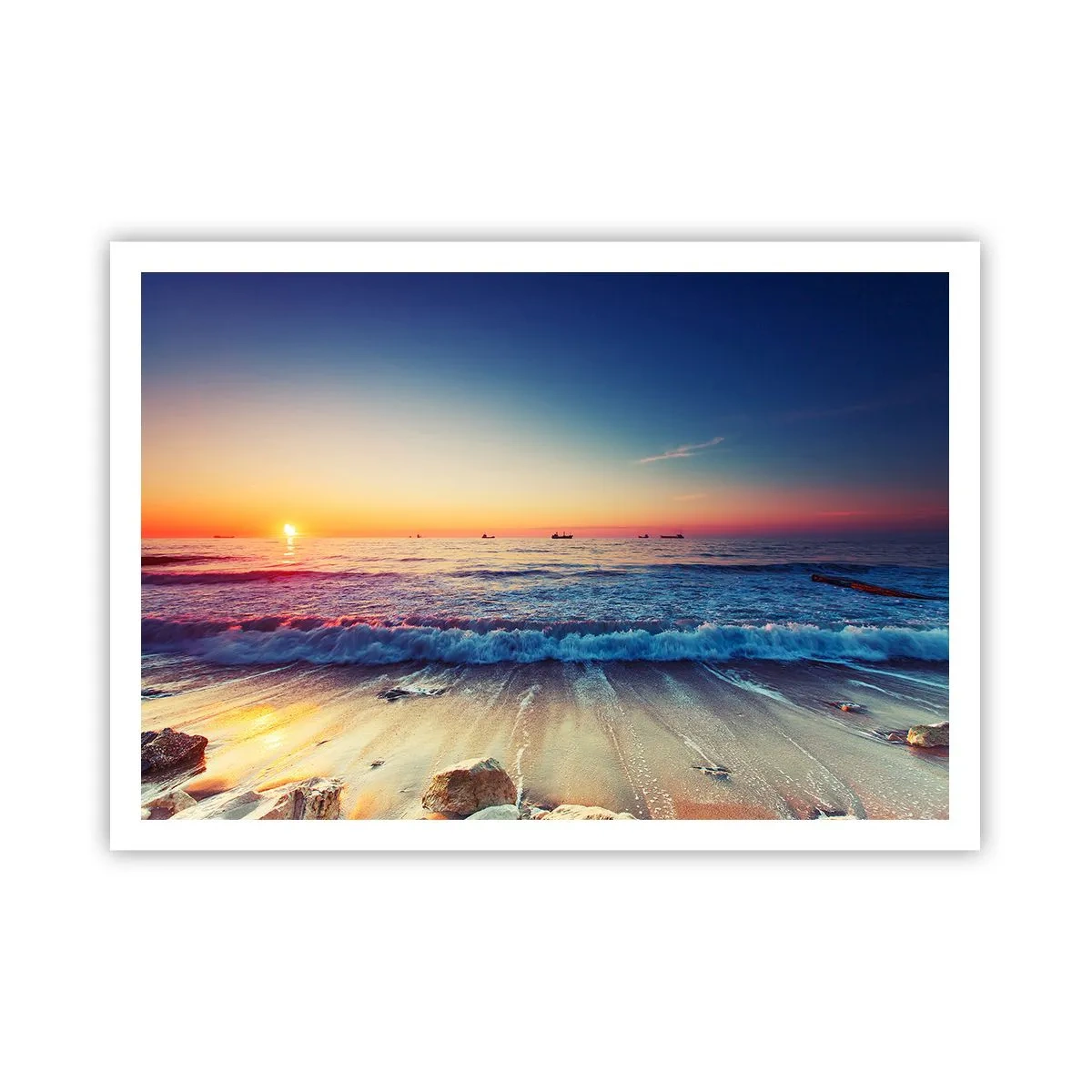 Poster - Tramonto su un mare calmo con onde - 100x70cm - Cosa c'è dietro l'orizzonte? - Decorazione murale moderna per soggiorno e camera da letto ARTTOR
