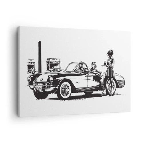 Quadro su tela - Stampe su Tela - Una scena retrò in bianco e nero con un'auto e una cameriera sui pattini a rotelle. - 70x50cm - Anni '60: l'America spensierata - Decorazione murale moderna per soggiorno e camera da letto ARTTOR