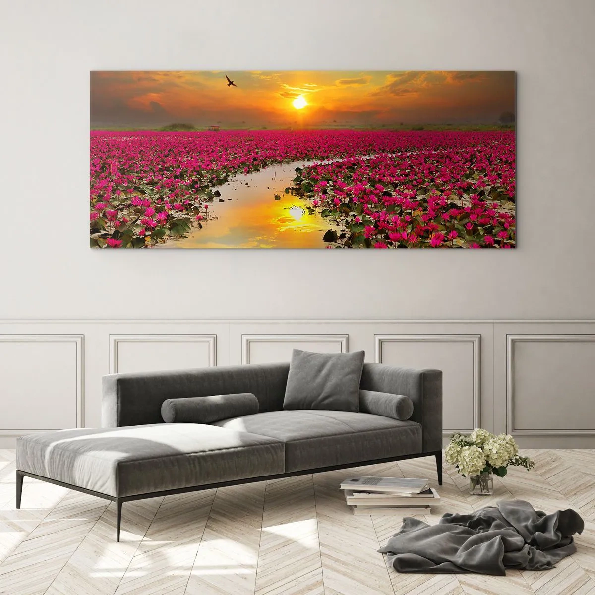 Quadro su vetro - Un campo di ninfee rosa al tramonto - 120x50cm - La vita segreta del lago - Decorazione murale moderna per soggiorno e camera da letto ARTTOR
