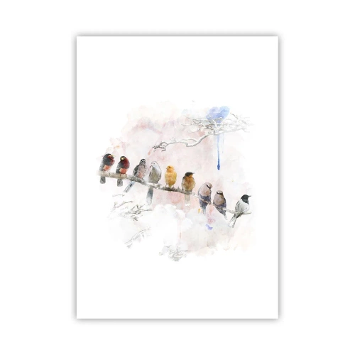 Poster - Uccelli seduti su un ramo in stile acquerello - 50x70cm - Incontro alato - Decorazione murale moderna per soggiorno e camera da letto ARTTOR