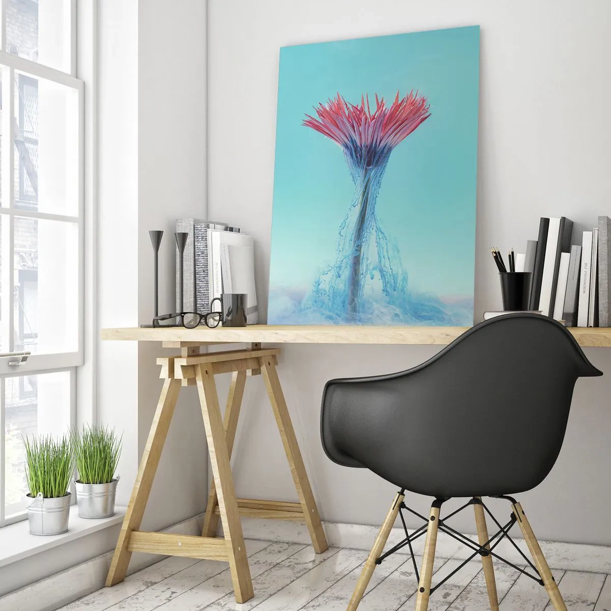 Quadro su vetro - Un fiore fantasioso immerso in una foschia blu e rosa - 50x70cm - L'abbraccio che ravviva - Decorazione murale moderna per soggiorno e camera da letto ARTTOR