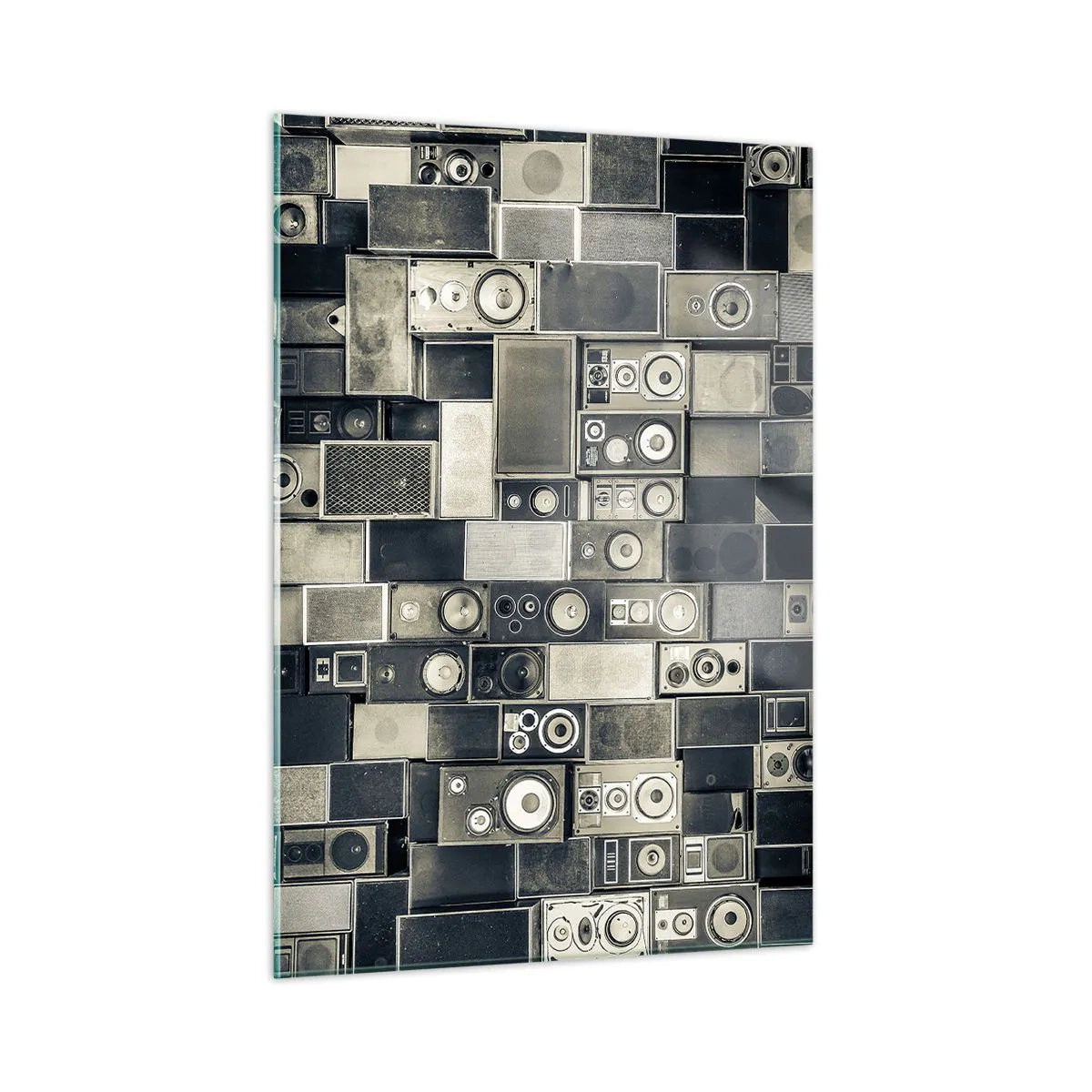 Quadro su vetro - Una composizione di altoparlanti retrò in tonalità di grigio - 50x70cm - Armonia di suoni - Decorazione murale moderna per soggiorno e camera da letto ARTTOR