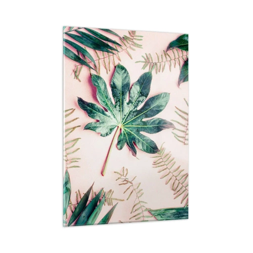 Quadro su vetro - Foglie tropicali su sfondo pastello - 50x70cm - Studio di verde su sfondo rosa - Decorazione murale moderna per soggiorno e camera da letto ARTTOR