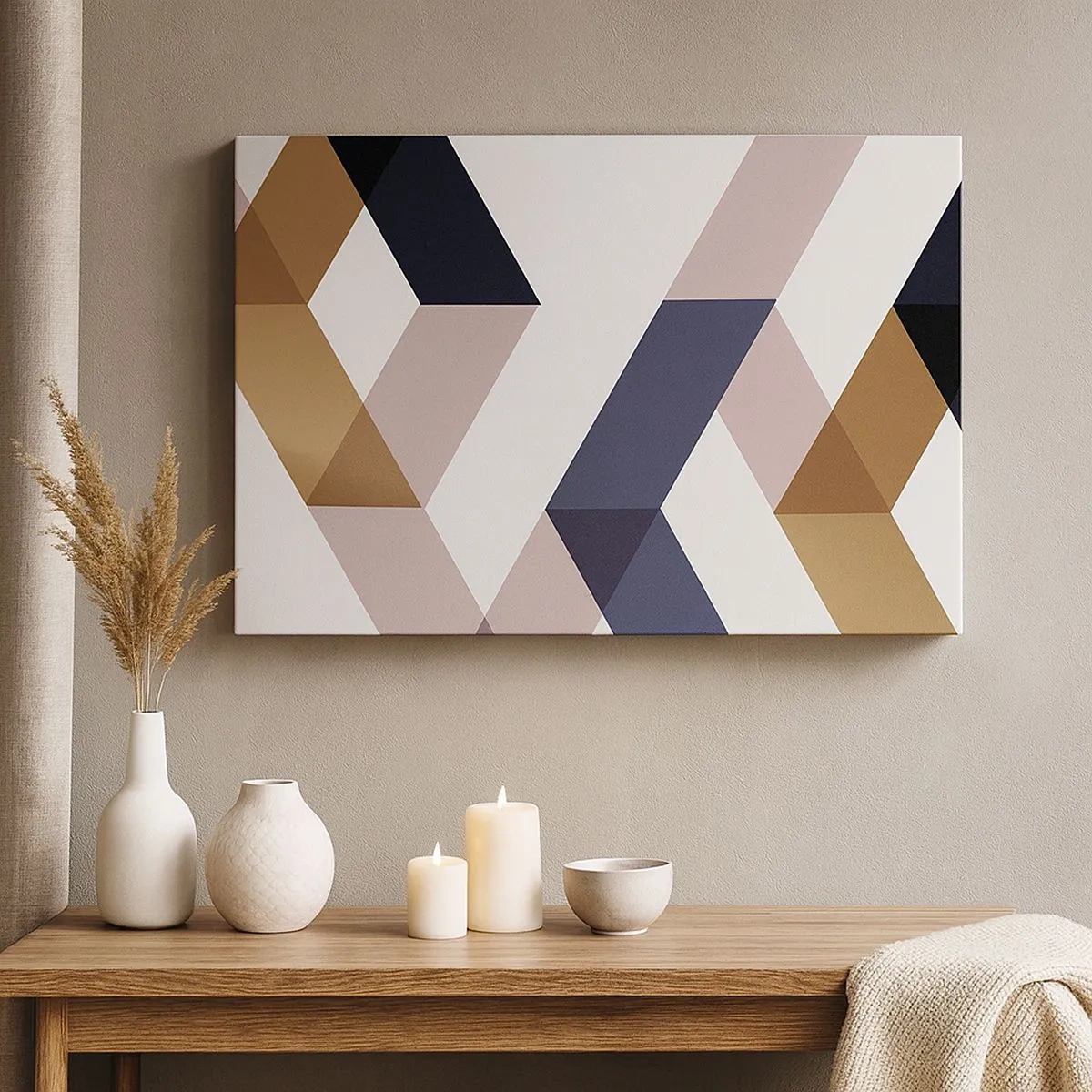 Quadro su tela - Stampe su Tela - Motivi geometrici nei toni dell'oro e del blu navy - 70x50cm - Piani e angoli - Decorazione murale moderna per soggiorno e camera da letto ARTTOR