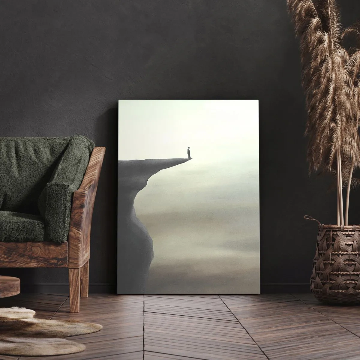 Quadro su tela - Stampe su Tela - Sagoma di una figura sul bordo di una scogliera in un paesaggio nebbioso - 50x70cm - Certamente verso l'alto! - Decorazione murale moderna per soggiorno e camera da letto ARTTOR