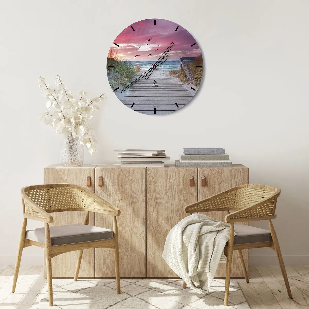 Orologio da parete - Orologio in Vetro - Molo di legno che conduce alla spiaggia al tramonto - 30x30cm - Impressioni baltiche - Decorazione murale moderna per soggiorno, cucina e camera da letto ARTTOR